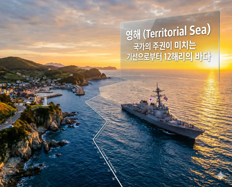 영해 뜻, 내수 뜻, 해협 뜻: 국가 주권이 미치는 바다의 경계와 전략적 요충지 분석 1 영해 뜻을 설명하기 위해 기선으로부터 12해리 구역을 수호하는 해군 함정과 해안선의 웅장한 실사 이미지
