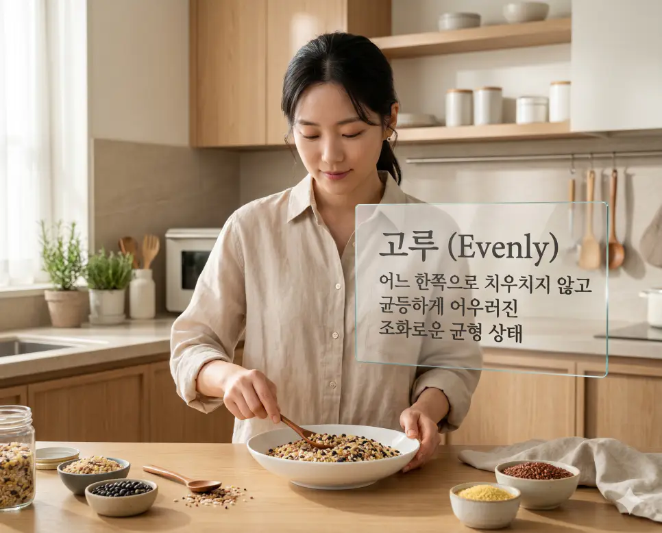 고루(Evenly)의 조화로운 균형을 설명하기 위해 정갈한 한국의 주방에서 한쪽으로 치우치지 않게 오색 곡물을 균등하게 담아내는 한국인 여성의 손길을 시각화한 초정밀 실사 이미지입니다. 불균형을 해소하고 서로가 어우러져 평화롭게 존재하는 이상적인 상태를 감성적으로 담어냈습니다.