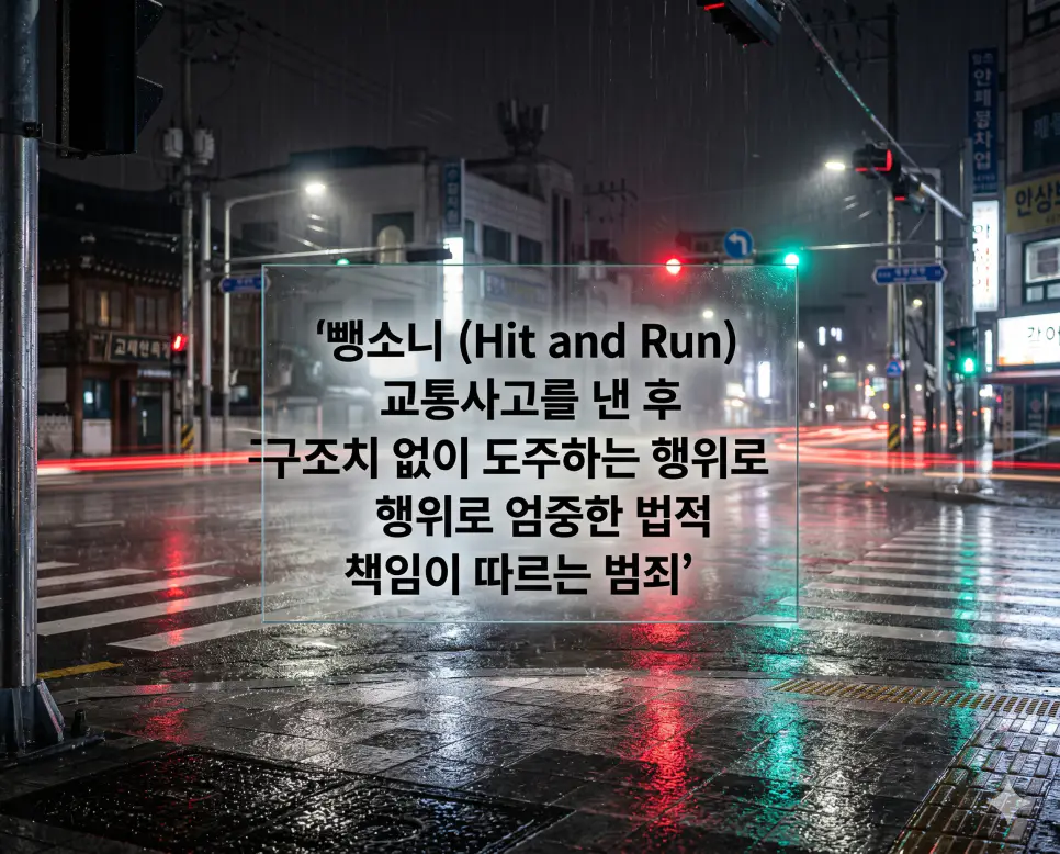 뺑소니 뜻, 변사 뜻, 돌연사 뜻: 교통 법률 및 의학적 정의의 명확한 개념 정리 1 뺑소니(Hit and Run)의 법적·사회적 경각심을 시각화하기 위해 비가 내리는 늦은 밤, 가로등 불빛이 젖은 아스팔트에 반사되는 고즈넉한 한국의 도심 교차로 풍경과 멀리서 차량의 붉은 미등이 잔상으로 남겨진 모습을 담은 고해상도 이미지입니다. 사고 후 구호 조치 없는 도주의 심각성을 차분하고 진중한 톤으로 실사처럼 생생하게 표현했습니다.