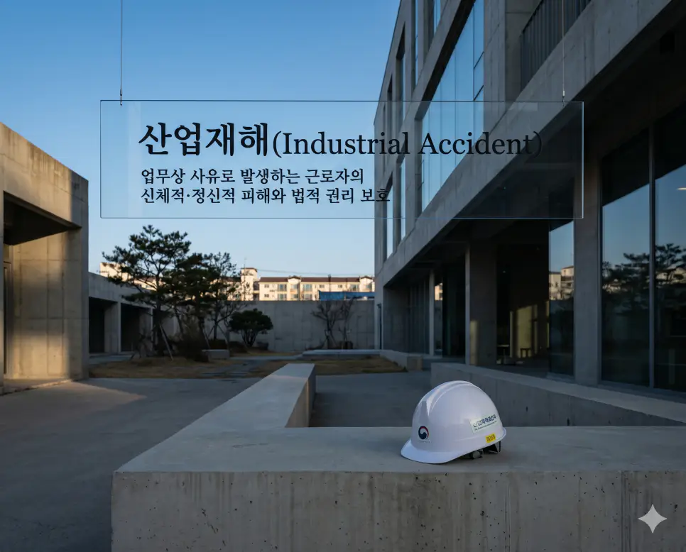 산업재해(Occupational Disaster)의 법률적 의미와 안전 불감증 예방 메시지를 설명하기 위해 푸른 하늘을 배경으로 정돈된 한국의 건축 현장 구조물 위에 흰색 안전모가 놓여 있는 모습을 시각화한 초정밀 실사 이미지입니다. 근로자의 신체적·정신적 피해 방지와 안전 규정 준수의 중요성을 담아냈습니다.