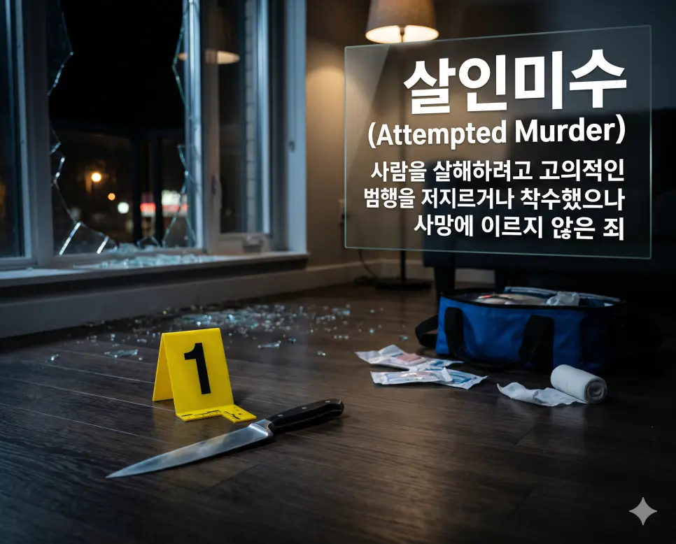 살인미수(Attempted Murder)의 법률적 개념을 직관적으로 전달하기 위해, 어두운 방 안 바닥에 깨진 유리창 파편과 함께 유기된 날카로운 칼, 노란색 과학수사 증거 번호판이 놓여 있고 그 옆으로 긴급 구조용 구급상자가 배치된 모습을 담아낸 고해상도 이미지입니다. 고의적인 범행에 착수했으나 비극적인 사망에 이르지 않고 생존한 형법상 사건 현장을 시각적으로 명확하게 표현했습니다.