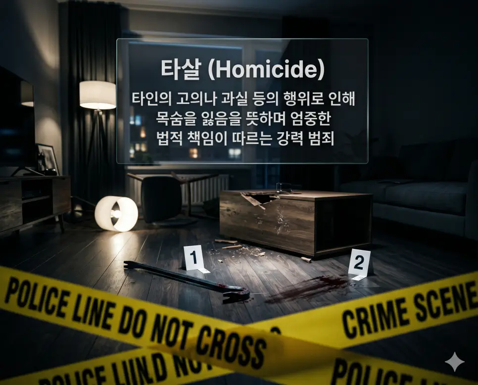 타살(Homicide)의 법률적 개념을 직관적으로 전달하기 위해, 어두운 조명의 묵직한 방 안 바닥에 파손된 가구와 함께 유기된 둔기, 그리고 그 옆으로 촘촘히 놓인 노란색 과학수사 증거 번호판 1번과 2번, 전경을 가로지르는 경찰 통제선을 담아낸 고해상도 이미지입니다. 타인의 고의적인 행위로 인해 목숨을 잃은 강력 범죄 사건 현장을 시각적으로 명확하게 표현했습니다.