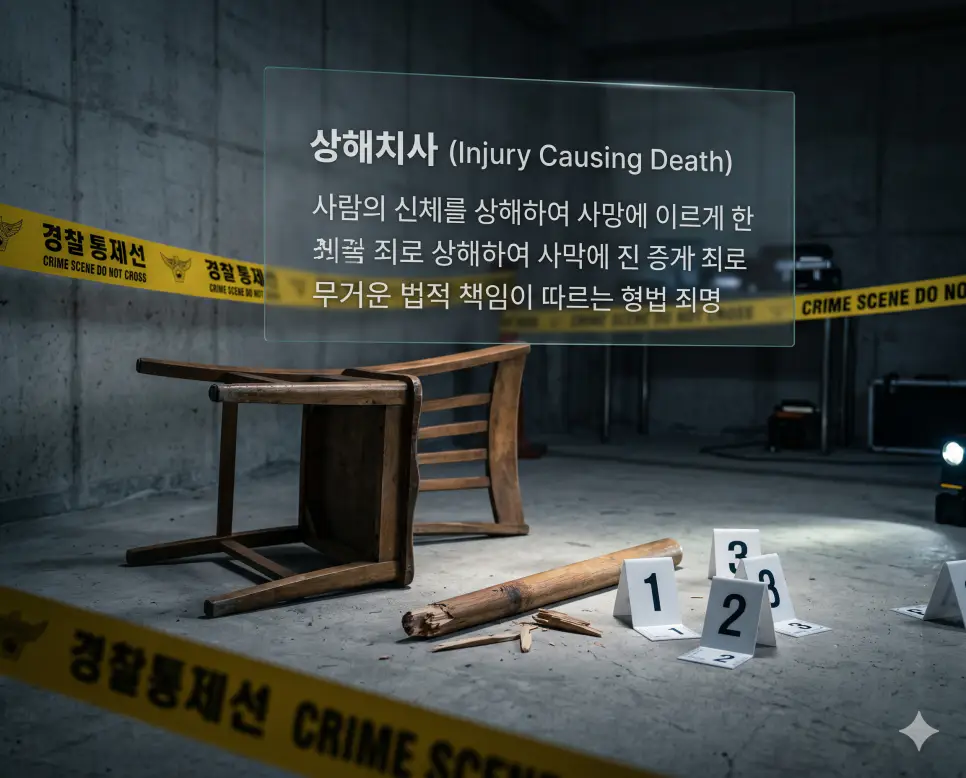 안전사고 뜻, 부검 뜻, 상해치사 뜻: 법의학 용어와 형법 죄명의 명확한 개념 정리 3 상해치사(Injury Causing Death)의 무거운 형사적 개념을 즉각적으로 인지할 수 있도록, 어두운 조명의 미니멀한 공간에 쓰러진 나무 의자와 바닥에 놓인 부러진 각목 둔기, 그리고 그 주변으로 하얀색 과학수사 증거 번호판과 노란색 경찰 통제선이 쳐져 있는 모습을 묘사한 자료입니다. 신체 상해 행위가 비극적인 사망으로 이어진 형법적 죄명의 무게감을 직관적으로 시각화했습니다.