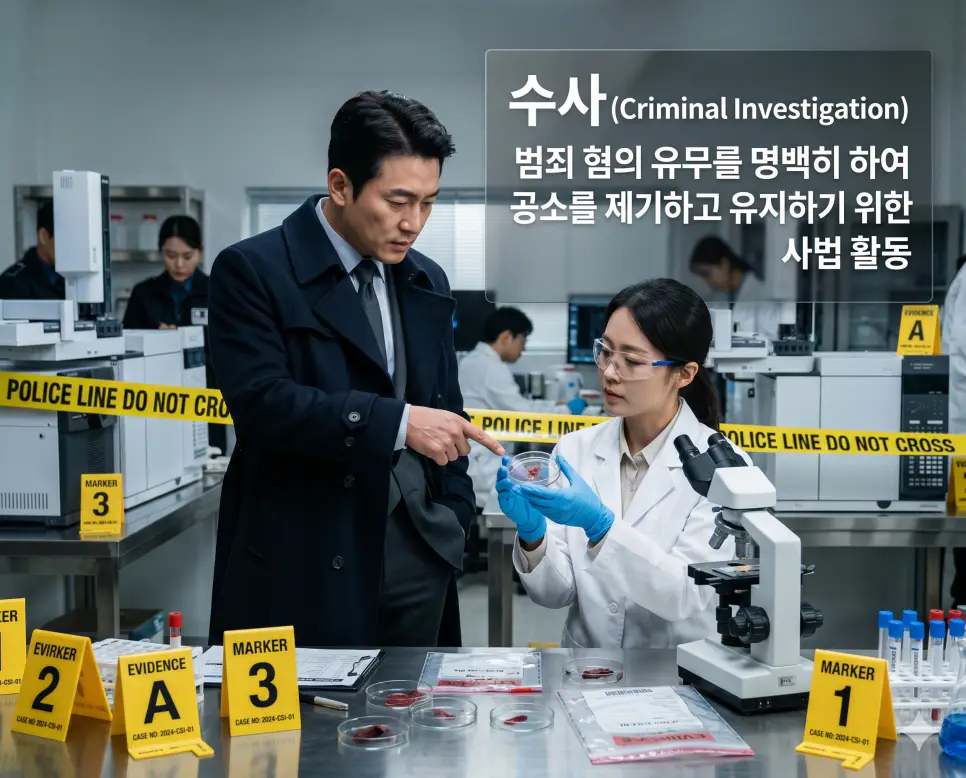 수사(Criminal Investigation)의 사법적 정의를 완벽하게 직관적으로 전달하기 위해, 정밀한 조명이 켜진 과학수사 연구실에서 어두운 트렌치코트를 입은 한국인 형사가 흰색 가운을 입은 연구원이 들고 있는 핵심 범죄 증거물을 예리하게 지적하며 분석하는 모습과 그 뒤로 노란색 경찰 통제선이 배치된 고해상도 실사 이미지입니다. 범죄 혐의의 유무를 명백히 하여 공소를 제기하기 위한 사법적 활동의 역동적인 순간을 인물들의 행동을 통해 1초 만에 인지할 수 있도록 생생하게 구현했습니다.