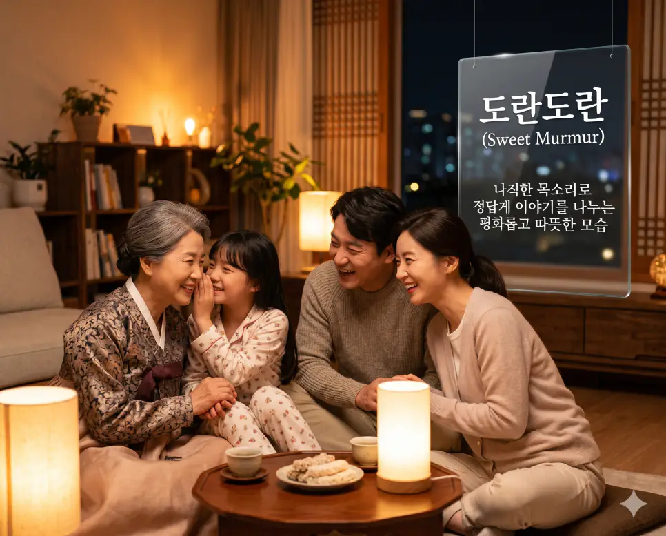 담소 뜻, 당신 뜻, 도란도란 뜻: 정겨운 대화와 소중한 인연을 담은 우리말 정리 3 도란도란(Sweet Murmur)의 평화로운 정서를 상세히 전달하기 위해 따뜻한 조명 아래 옹기종기 모여 앉아 나직하게 이야기를 나누는 한국인 가족의 모습을 시각화한 자료입니다. 여럿이 정답게 속삭이는 소리나 그 모양이 주는 안식과 평화를 한국적인 미학으로 상징적으로 구현하였습니다.