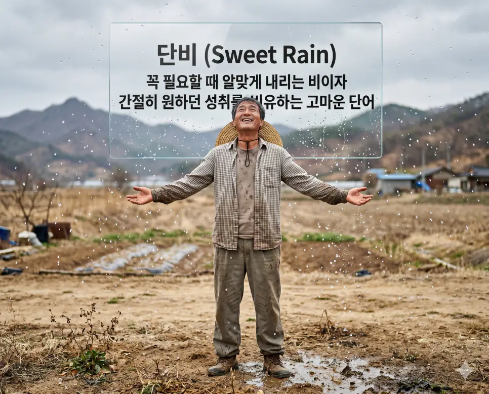 단비 뜻, 달무리 뜻, 달포 뜻: 간절한 성취와 자연의 신비, 시간의 여운을 담은 우리말 1 단비(Sweet Rain)의 고마운 가치를 시각화하기 위해 가뭄이 든 마른 논 위에서 갑작스럽게 내리는 비를 맞으며 환희에 찬 한국인 농부의 모습을 담은 고해상도 이미지입니다. 꼭 필요할 때 알맞게 내리는 비와 간절히 원하던 성취를 비유하는 상징적인 정서를 실사처럼 생생하게 표현했습니다.