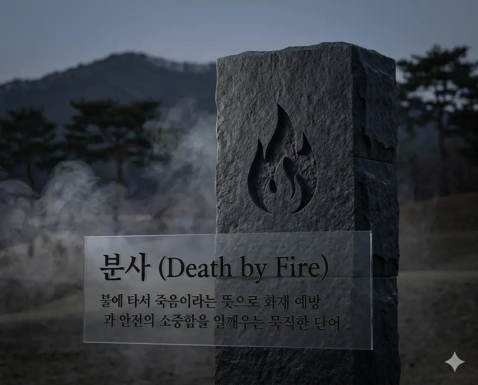 동사 뜻, 분사 뜻, 사인 뜻: 겨울철 및 화재 사고 한자어와 의학적 원인 정의 2 분사(Death by Fire)의 묵직한 의미를 전달하기 위해 짙은 회색조의 미니멀한 비석에 불을 상징하는 문양이 정교하게 새겨져 있고 주변으로 은은한 추모의 연기가 피어오르는 모습을 시각화한 초정밀 실사 이미지입니다. 불에 타서 사망함이라는 무겁고 준엄한 의미를 격조 있게 표현했습니다.