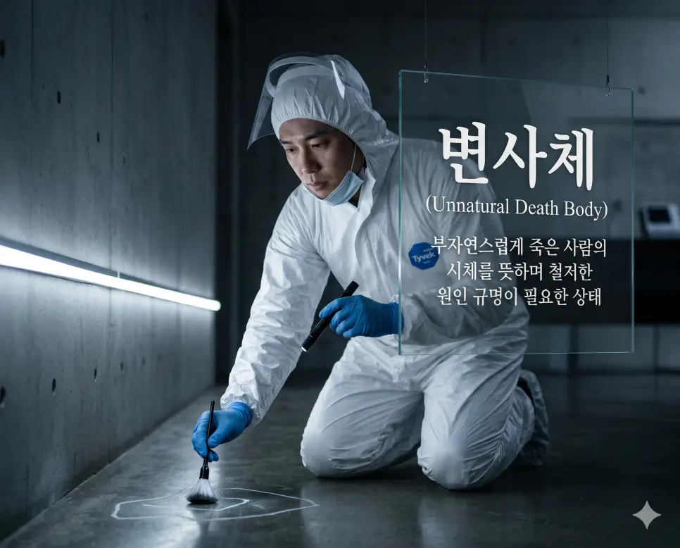 사체 뜻, 변사체 뜻, 소사 뜻: 법의학 및 사회 뉴스 속 정확한 한자어 정의 정리 2 변사체(Body of Unnatural Death)의 엄밀한 조사 과정을 설명하기 위해 보호 장비를 갖춘 한국인 법의학 전문가가 미니멀한 공간에서 진중한 표정으로 환경을 철저히 분석하는 모습을 시각화한 초정밀 실사 이미지입니다. 부자연스럽게 죽음에 이른 원인을 규명하는 사회적·법률적 무게감을 담아냈습니다.