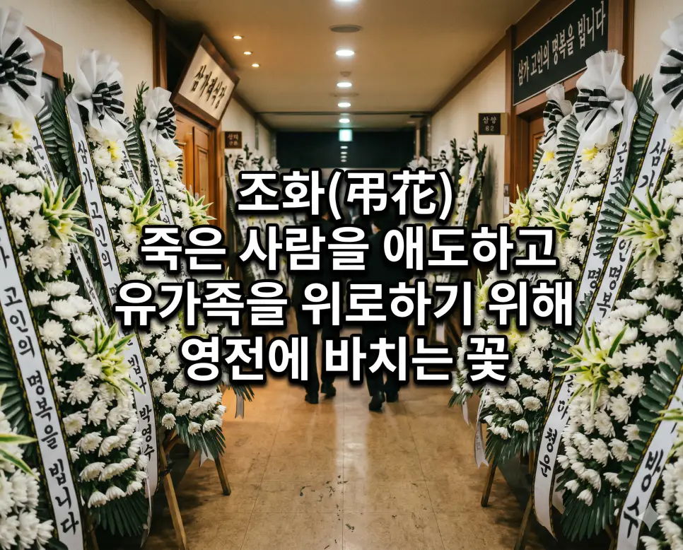 묵념 뜻, 조화 뜻, 고인 뜻: 떠나간 이를 향한 경건한 애도와 추모의 의미 완벽 정리 2 조화(弔花)의 직관적인 의미를 전달하기 위해, 실제 한국 장례식장 로비 빈소 앞 복도 가득 수십 개의 하얀 국화 대형 화환이 줄지어 서 있는 장면을 소름 돋게 포착한 극사실 고해상도 실사 이미지입니다. 촌스러운 사각형 장애물 없이 생생하게 드러난 장례식장 풍경 위에, 세련된 네오-미니멀리즘 스타일의 실버 타이포그래피로 용어 정의를 각인하여 독자가 이미지만 보고도 즉각적으로 의미를 인지하도록 구현했습니다.