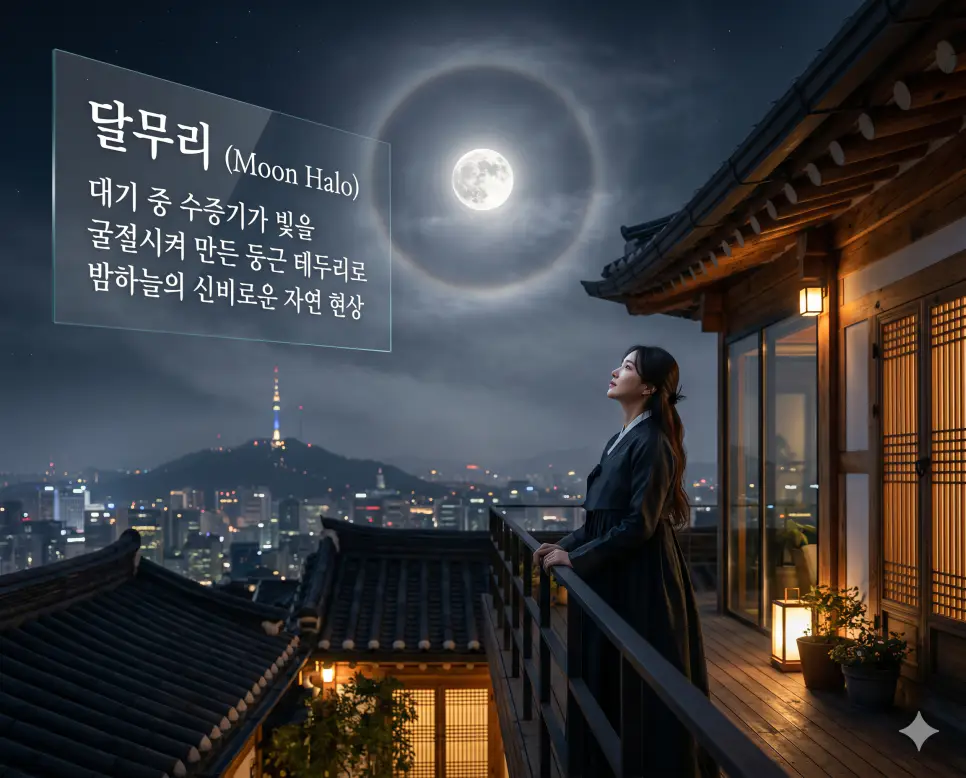 단비 뜻, 달무리 뜻, 달포 뜻: 간절한 성취와 자연의 신비, 시간의 여운을 담은 우리말 2 달무리(Moon Halo)의 신비로운 자연 현상을 설명하기 위해 밤안개가 자욱한 고궁의 배경 위로 완벽한 둥근 테두리를 형성한 보름달의 자태를 시각화한 초정밀 실사 이미지입니다. 대기 중의 수증기가 굴절되어 만들어낸 고요하고 신비로운 밤하늘의 시각적 요소를 감성적으로 담아냈습니다.