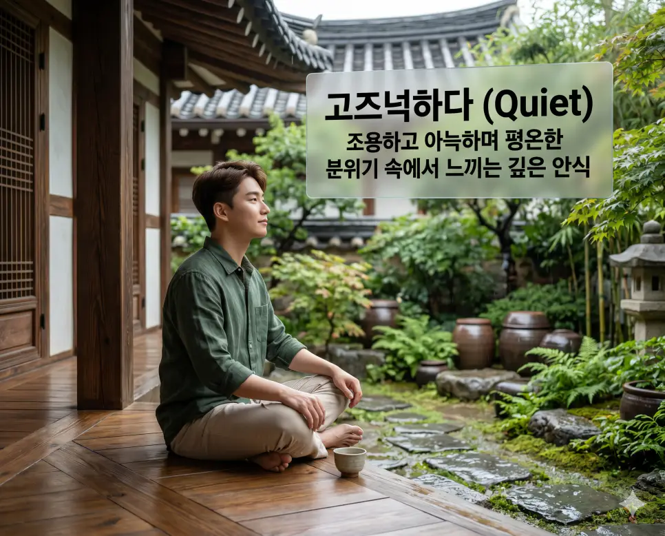고즈넉하다(Quiet/Peaceful)의 안식의 정서를 상세히 전달하기 위해 비 내리는 고요한 한옥 대청마루에 앉아 평온하게 마당을 바라보는 한국인 남성의 모습을 시각화한 자료입니다. 바쁜 일상에서 벗어나 마음의 짐을 내려놓고 스스로를 다독일 수 있는 고요한 치유의 공간을 상징적으로 구현하였습니다.