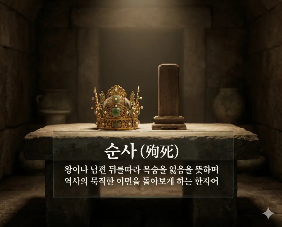 순사(Follower In Death)의 역사적 어원을 직관적으로 설명하기 위해, 무겁고 엄숙한 분위기가 감도는 고대 한국의 왕릉 석실 내부의 대리석 제단 위에 화려한 전통 왕관과 소박한 목패가 나란히 놓여 있는 장엄한 풍경을 시각화한 초정밀 실사 이미지입니다. 왕이나 남편의 뒤를 따라 목숨을 버리던 옛 전통의 묵직한 이면을 한눈에 이해할 수 있도록 구현했습니다.