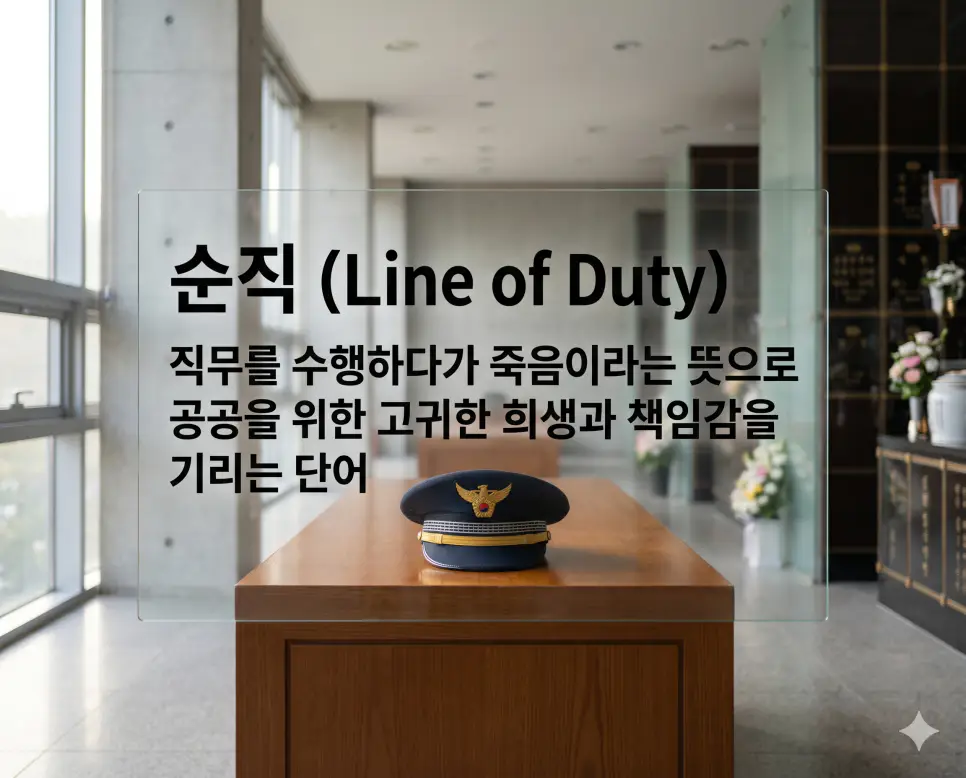 순직(Death in the Line of Duty)의 고귀한 가치를 시각화하기 위해 새벽녘 고즈넉한 추모관 안, 정갈하게 닦인 나무 테이블 위에 제복 모자가 놓여 있고 은은한 아침 햇살이 비추는 고해상도 이미지입니다. 공공의 안전과 직무를 수행하다 희생된 이들의 책임감을 엄숙하고 격조 있는 톤으로 실사처럼 생생하게 표현했습니다.
