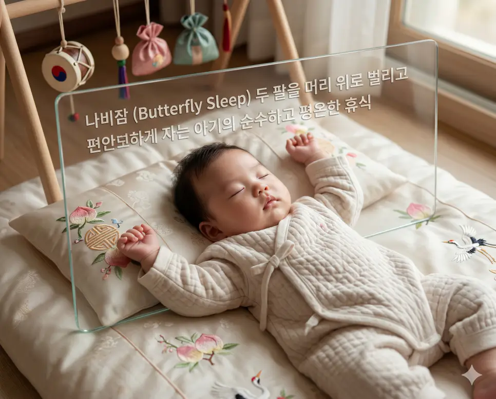 나래 뜻, 나리 뜻, 나비잠 뜻: 비상과 고귀함, 평온한 안식을 담은 우리말 정리 3 나비잠(Butterfly Sleep)의 평온한 상태를 상세히 전달하기 위해 자수 놓인 전통 비단 요 위에서 두 팔을 머리 위로 벌리고 깊이 잠든 한국인 아기의 모습을 시각화한 자료입니다. 나비가 날개를 편 듯한 사랑스럽고 서정적인 수면 모습과 아이의 무구한 순수함을 상징적으로 구현하였습니다.