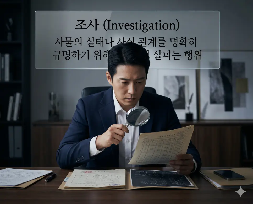 조사(Investigation)의 사전적 개념을 직관적으로 설명하기 위해, 차갑고 날카로운 조명이 비치는 개인 사무실 책상에서 고도의 집중력을 발휘한 한국인 조사관이 돋보기안경을 들고 복잡한 실태 보고서 서류와 대사 차트 자료들을 면밀히 훑어보며 대조하는 풍경을 근접 촬영한 고해상도 실사 이미지입니다. 사물의 실태나 사실 관계를 명확하게 규명하기 위해 정밀하게 살피는 행위의 본질을 인물의 표정과 상황을 통해 한눈에 파악할 수 있도록 구현했습니다.