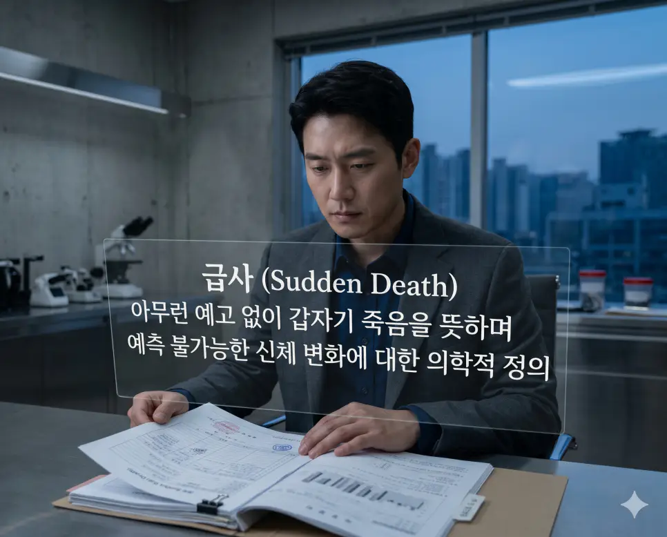 급사(Sudden Unexpected Death)의 명확한 원인 분석 필요성을 설명하기 위해 세련되고 미니멀한 법의학 조사실에서 차분한 저녁 빛을 받으며 한국인 수사 전문가가 공식 사건 파일을 철저하게 검토하고 있는 모습을 시각화한 초정밀 실사 이미지입니다. 아무런 예고 없이 일어나는 죽음에 대한 엄밀한 분석 과정을 담아냈습니다.