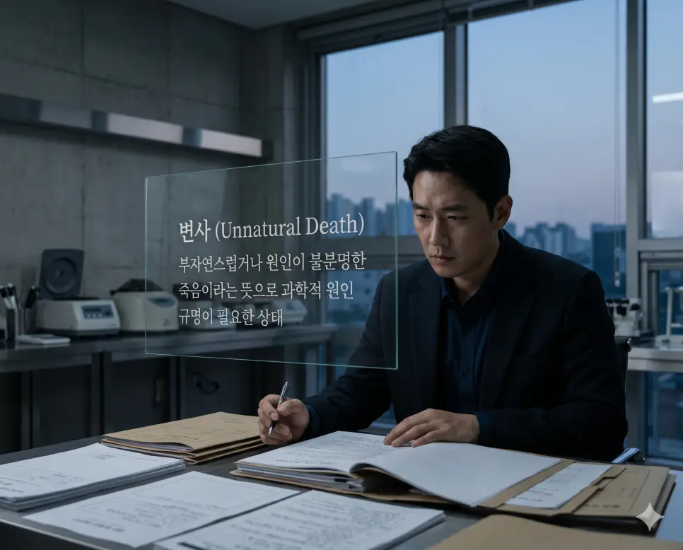 뺑소니 뜻, 변사 뜻, 돌연사 뜻: 교통 법률 및 의학적 정의의 명확한 개념 정리 2 변사(Unnatural Death)의 명확한 원인 규명 필요성을 설명하기 위해 세련되고 미니멀한 법의학 조사실에서 차분한 저녁 빛을 받으며 한국인 수사 전문가가 공식 사건 파일을 철저하게 검토하고 있는 모습을 시각화한 초정밀 실사 이미지입니다. 부자연스러운 죽음에 대한 엄밀하고 객관적인 분석 과정을 담아냈습니다.