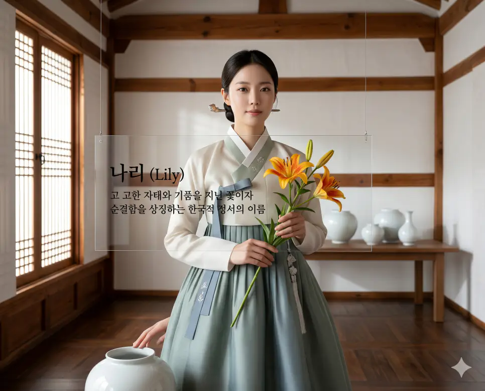 나래 뜻, 나리 뜻, 나비잠 뜻: 비상과 고귀함, 평온한 안식을 담은 우리말 정리 2 나리(Lily)의 고고한 기품을 설명하기 위해 현대적 감각의 한복을 입고 고귀한 자태의 나리꽃을 든 한국인 여성과 백자 항아리가 놓인 정갈한 한옥 공간을 시각화한 초정밀 실사 이미지입니다. 백합과 식물의 순결함과 과거 벼슬아치의 품격이 어우러진 한국적 정서를 고급스럽게 담아냈습니다.