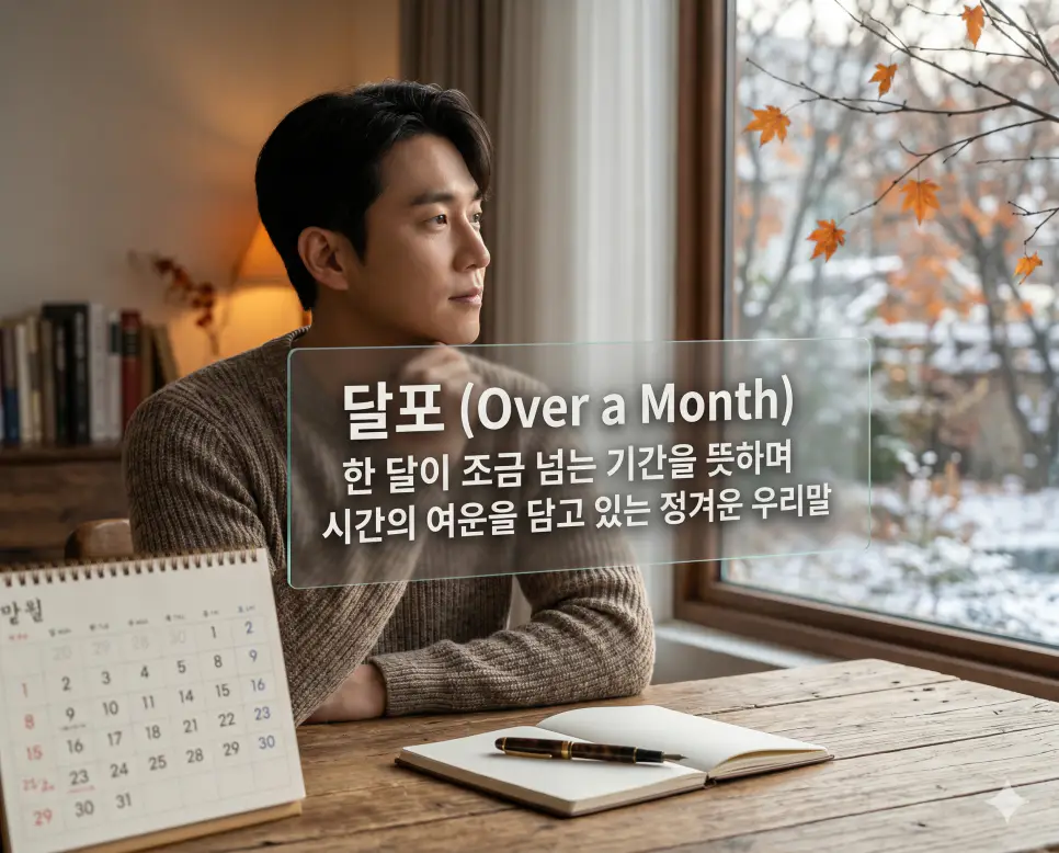 단비 뜻, 달무리 뜻, 달포 뜻: 간절한 성취와 자연의 신비, 시간의 여운을 담은 우리말 3 달포(Over a Month)의 정겨운 시간적 여운을 상세히 전달하기 위해 달력이 놓인 책상 앞에 앉아 창밖의 계절 변화를 바라보며 한 달이 조금 넘는 시간을 성찰하는 한국인 남성의 모습을 시각화한 자료입니다. 단순히 숫자로 환산되는 시간을 넘어 그 시간을 지나 머무는 정겨운 우리말의 의미를 상징적으로 구현하였습니다.