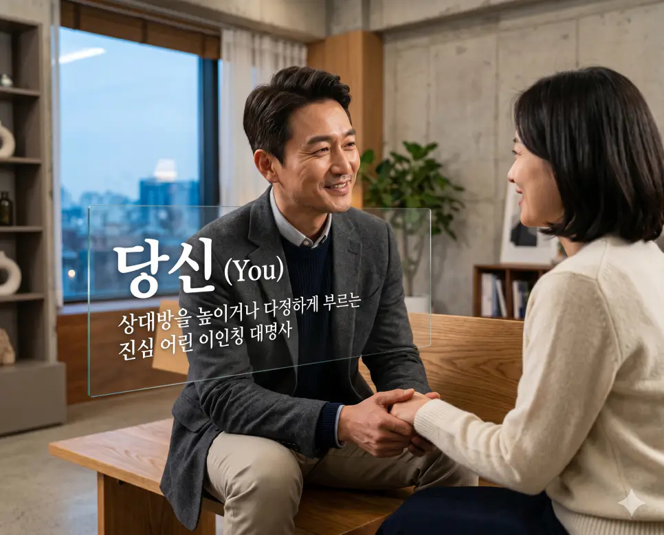 담소 뜻, 당신 뜻, 도란도란 뜻: 정겨운 대화와 소중한 인연을 담은 우리말 정리 2 당신(You)의 존중과 애정을 설명하기 위해 현대적인 미니멀 인테리어 배경에서 상대를 깊이 있는 눈빛으로 바라보는 중년 한국인 남성의 모습을 시각화한 초정밀 실사 이미지입니다. 상대를 높이거나 다정하게 부르는 이인칭 대명사의 무게감과 따뜻함을 감성적으로 담아냈습니다.