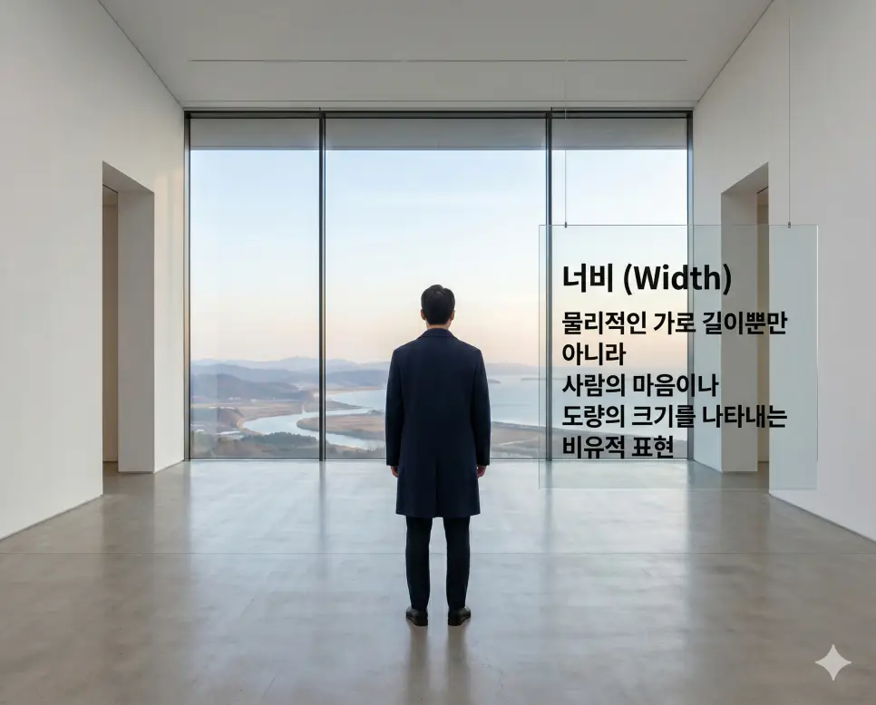 내음 뜻, 너나들이 뜻, 너비 뜻: 감성과 친밀함, 도량의 크기를 담은 우리말 정리 3 너비(Width/Breadth)의 물리적·비유적 의미를 상세히 전달하기 위해 탁 트인 전망이 보이는 현대적인 갤러리 중앙에서 공간의 규모와 마음의 도량을 성찰하는 한국인 남성의 모습을 시각화한 자료입니다. 수치적인 너비와 더불어 한 사람의 도량이 가진 확장을 상징적으로 구현하였습니다.