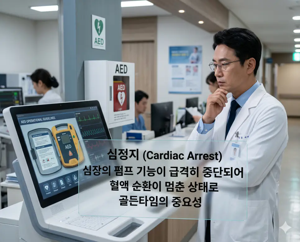 심정지(Cardiac Arrest)의 의학적 개념과 응급 구조의 가치를 상세히 전달하기 위해 첨단 건강 진단 모니터와 자동심장충격기(AED) 레이아웃이 배치된 미니멀 오피스에서 진중하게 분석하는 한국인 의료 전문가의 모습을 시각화한 자료입니다. 심장 펌프 기능 중단 현상에 대한 경각심과 신속한 대처의 중요성을 상징적으로 구현하였습니다.