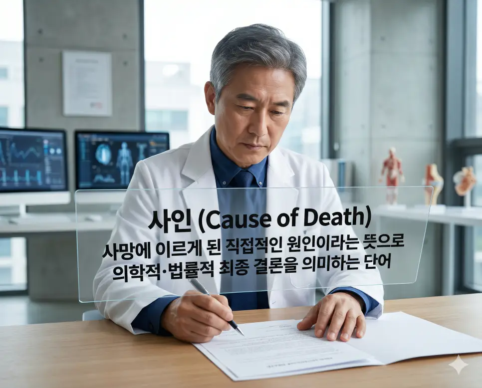 동사 뜻, 분사 뜻, 사인 뜻: 겨울철 및 화재 사고 한자어와 의학적 원인 정의 3 사인(Cause of Death)의 엄밀한 의학적·법률적 정의를 상세히 전달하기 위해 신뢰감 있는 흰색 가운을 입은 한국인 전문의가 첨단 미니멀 오피스에서 공식 문서를 철저하게 분석하며 사망의 직접적인 원인을 확인하는 진중한 모습을 시각화한 자료입니다. 인과 관계의 명확성을 상징적으로 구현하였습니다.