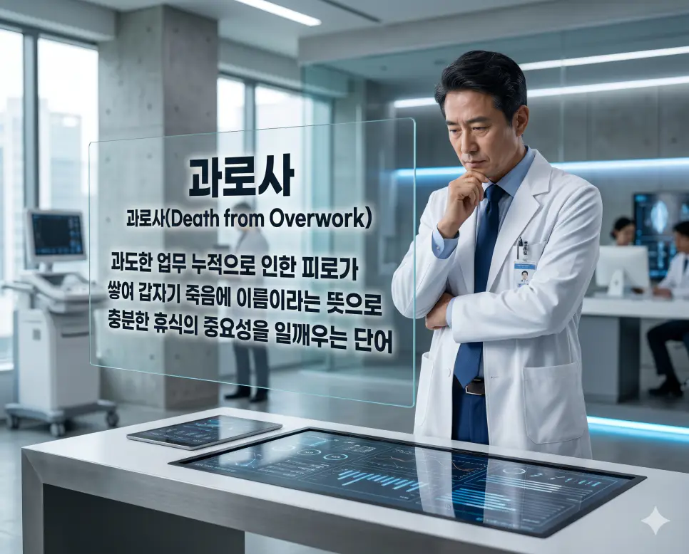 과로사(Death from Overwork)의 의학적 정의와 피로 누적 위험성을 상세히 전달하기 위해 첨단 건강 진단 차트가 배치된 미니멀 오피스에서 신체 피로와 업무 누적의 심각성에 대해 깊이 사유하는 한국인 의료 전문가의 모습을 시각화한 자료입니다. 과도한 스트레스 예방과 충분한 휴식의 가치를 상징적으로 구현하였습니다.