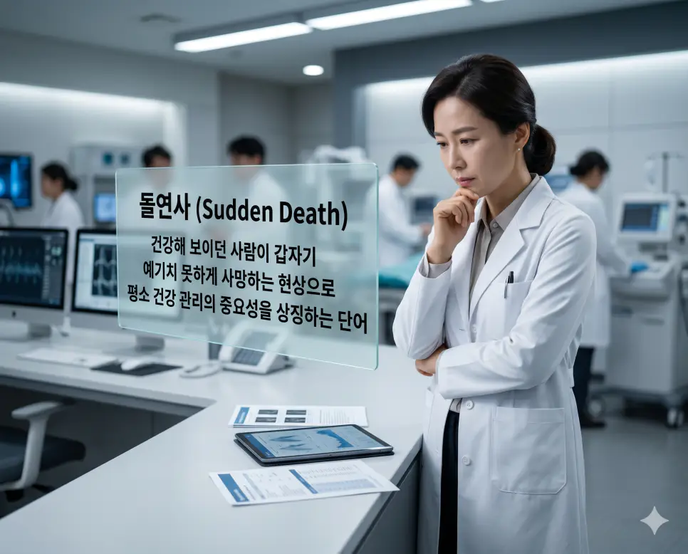 뺑소니 뜻, 변사 뜻, 돌연사 뜻: 교통 법률 및 의학적 정의의 명확한 개념 정리 3 돌연사(Sudden Unexpected Death)의 의학적 정의와 예방 메시지를 상세히 전달하기 위해 첨단 건강 진단 차트가 배치된 미니멀 오피스에서 인간 건강의 예측 불가능성에 대해 깊이 사유하는 한국인 의료 전문가의 모습을 시각화한 자료입니다. 예기치 못한 건강상의 위험과 평소 예방의 가치를 상징적으로 구현하였습니다.