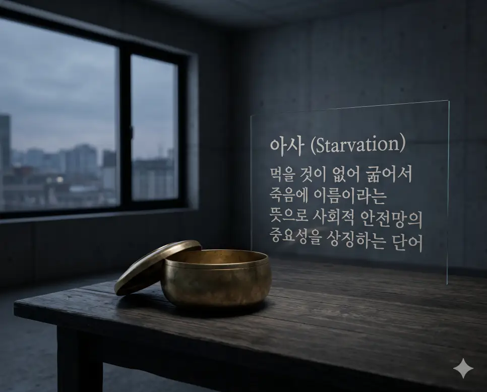실족사 뜻, 아사 뜻, 유기 뜻: 사회적·법률적 한자어의 정확한 정의와 의미 정리 2 아사(Starvation Death)의 비극적인 사회적 개념을 설명하기 위해 어두운 조명이 비치는 미니멀한 한국식 방 안, 전통 놋쇠 밥그릇이 빈 채로 덩그러니 놓여 있는 모습을 시각화한 초정밀 실사 이미지입니다. 절대적인 결핍과 굶주림을 은유적인 미장센으로 담아내어 깊은 사회적 메시지를 전달합니다.