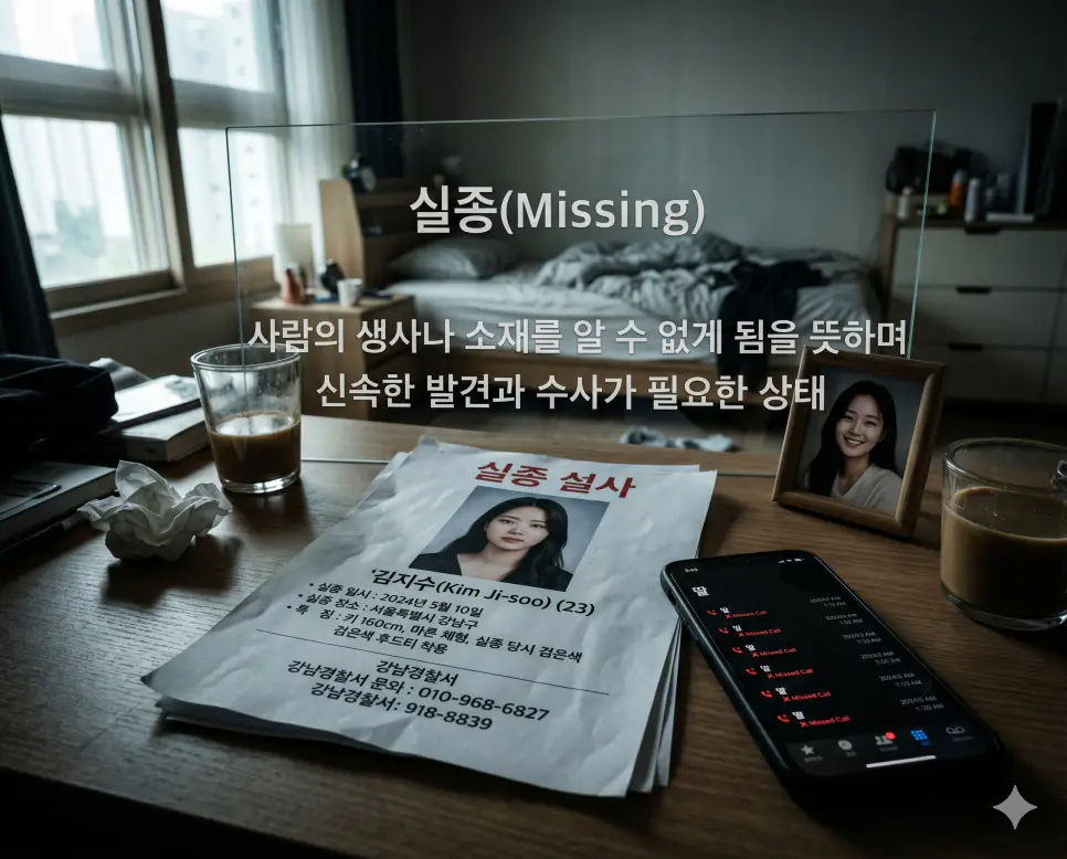 실종(Missing)의 사전적 정의를 직관적으로 전달하기 위해, 아침 햇살이 비치는 차분한 한국의 1인용 책상 위에 큼직한 실종자 전단지가 놓여 있고 그 바로 옆으로 응답 없는 발신 통화 기록이 선명하게 켜진 스마트폰이 배치된 고해상도 이미지입니다. 사람의 생사나 소재를 알 수 없게 된 긴박하고 간절한 수색 상황을 시각적으로 명확하게 표현했습니다.