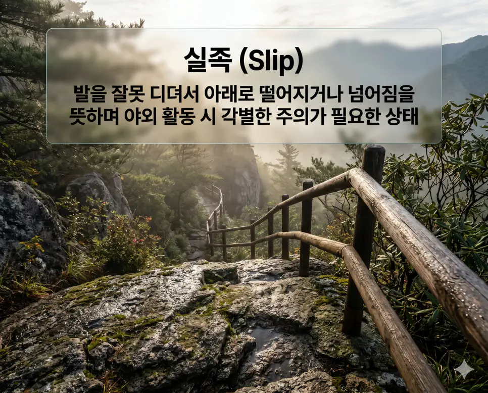 실족(Accidental Slip/Fall)의 개념과 예방 메시지를 시각화하기 위해 아침 이슬이 맺힌 험준한 한국의 산악 등산로 주변, 나무 안전 난간과 가파른 바위 계단을 근접 촬영한 고해상도 이미지입니다. 발을 잘못 디뎌 발생할 수 있는 낙상 및 추락 사고에 대한 경각심을 진중한 톤으로 실사처럼 생생하게 표현했습니다.