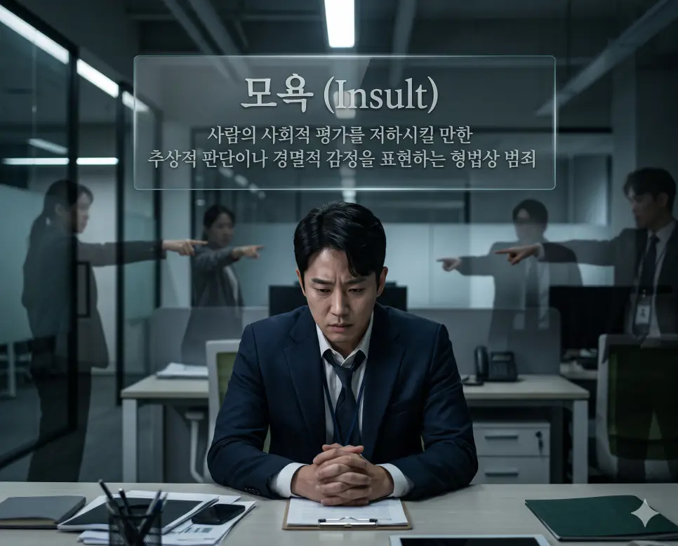 착취 뜻, 모욕 뜻, 가해자 뜻: 노동 권리 침해와 형법상 명예 범죄 개념 정리 2 모욕(Insult)의 형법상 죄명과 사전적 정의를 완벽하게 직관적으로 전달하기 위해, 차갑고 날카로운 조명이 비치는 한국의 현대적인 사무실에서 주변 인물들에게 노골적으로 손가락질을 당하며 깊은 사회적 수치심과 괴로움을 느끼고 있는 한국인 직원의 표정을 근접 촬영한 고해상도 실사 이미지입니다. 사람의 사회적 평가를 저하하고 경멸적인 감정을 표현하여 명예를 훼손하는 범죄의 본질을 인물의 행동과 처절한 상황을 통해 한눈에 파악할 수 있도록 구현했습니다.