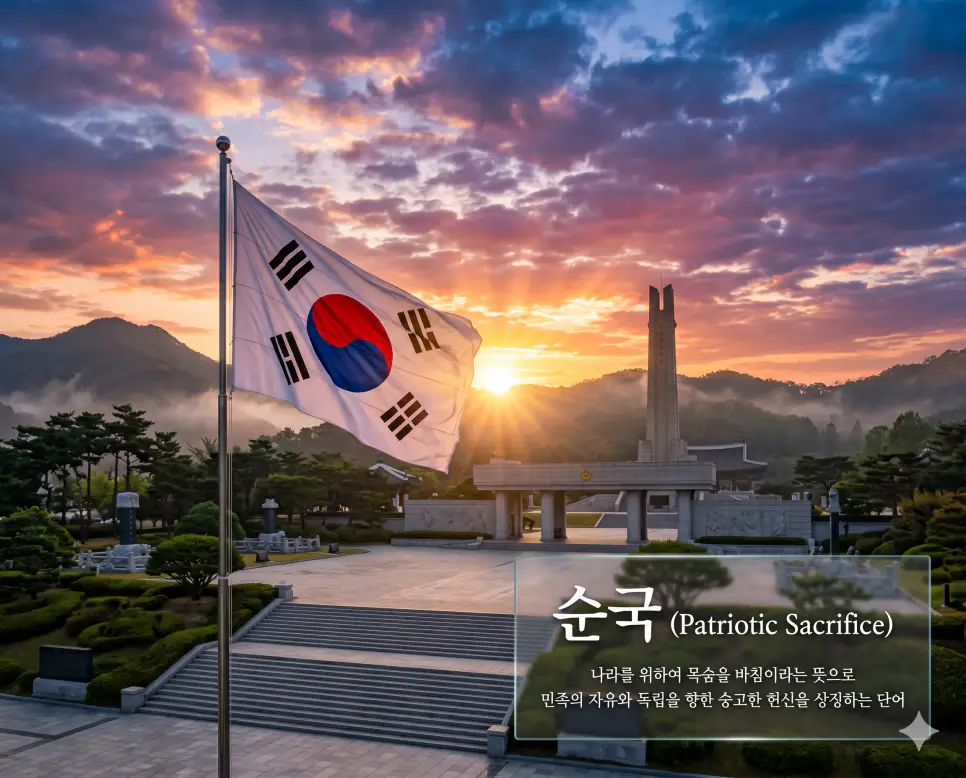 순국(Martyrdom for the Country)의 숭고한 정신을 설명하기 위해 역사의 숨결이 느껴지는 독립운동 유적지를 배경으로 찬란한 일출 하늘 아래 거대한 대한민국 태극기가 바람에 휘날리는 모습을 시각화한 초정밀 실사 이미지입니다. 나라를 위해 목숨을 바친 선열들의 깊은 애국심을 감성적으로 담아냈습니다.