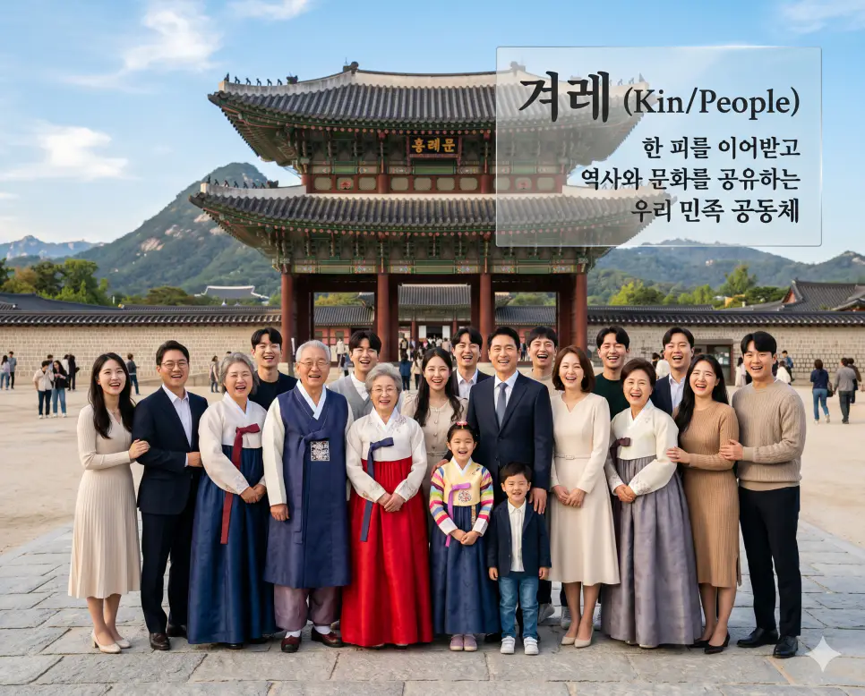 거닐다 뜻, 겨레 뜻, 겨를 뜻: 한국인의 정체성과 삶의 여유를 담은 우리말 정리 2 겨레(Kin/People)의 공동체 의식을 설명하기 위해 경복궁 광화문 앞에서 다양한 세대의 한국인들이 밝은 미소로 함께 서 있는 모습을 시각화한 초정밀 실사 이미지입니다. 같은 역사와 문화를 공유하며 한마음으로 살아가는 우리 민족의 정체성과 뿌리 깊은 결속력을 감성적으로 담아냈습니다.