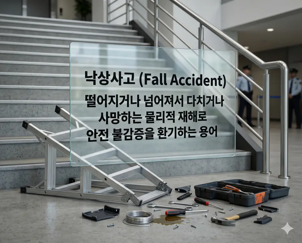 낙상사고(Fall Accident)의 구체적인 위험성을 즉각적으로 인지할 수 있도록, 험준한 콘크리트 계단 아래에 알루미늄 사다리가 옆으로 완전히 고꾸라져 있고 흩어진 공구 상자와 연장들이 바닥에 나뒹구는 현장을 묘사한 자료입니다. 일상이나 작업 현장에서 떨어지거나 넘어져 신체적 부상이나 사망을 초래하는 물리적 재해의 본질을 직관적으로 시각화했습니다.