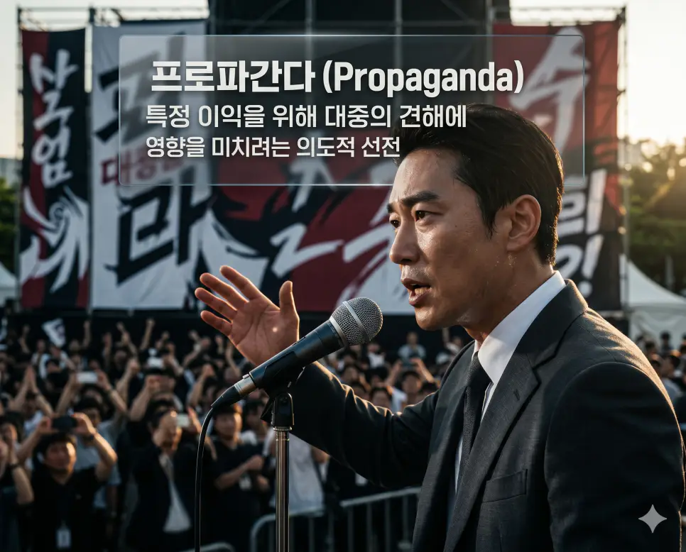 프로파간다 뜻, 계엄 뜻, 정변 뜻: 대중 선전 활동과 국가 비상사태 조치 및 비합법적 정권 탈취 확인 1 프로파간다 뜻을 설명하기 위해 대형 선전 배너 앞에서 열변을 토하며 대중의 심리를 자극하는 한국인 연설가의 긴박한 모습을 담은 고화질 실사 이미지
