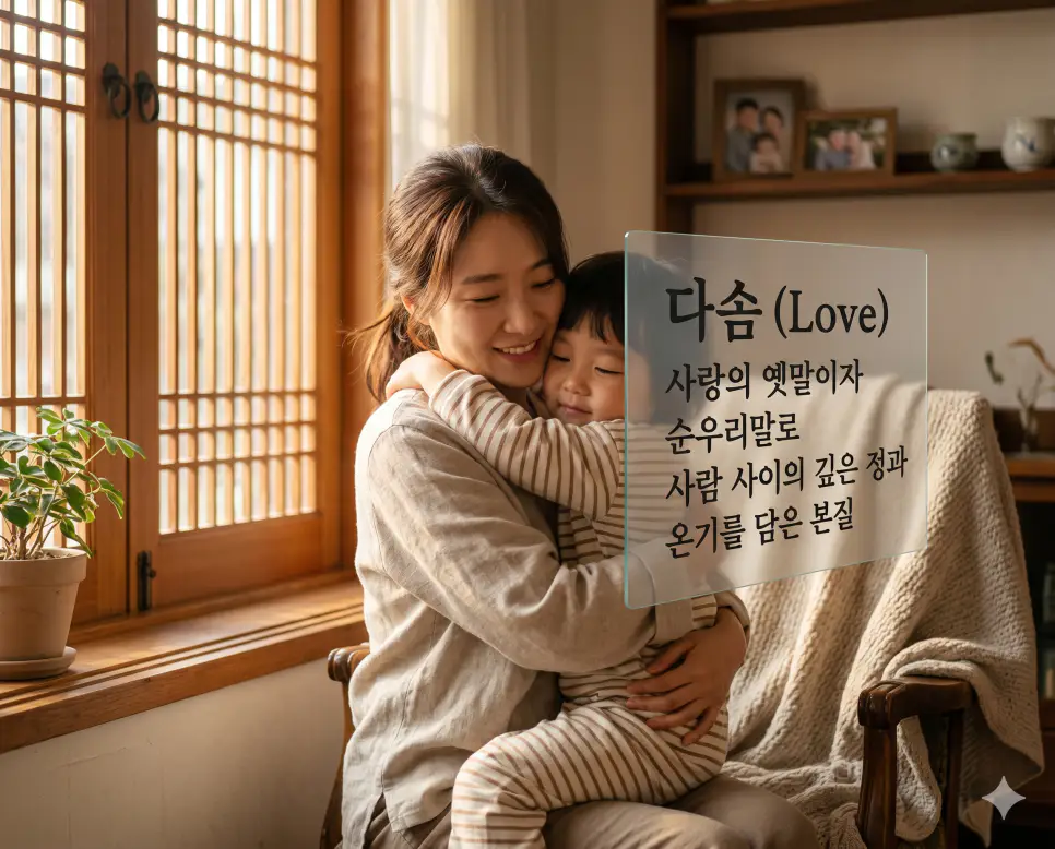 눈시울 뜻, 다소니 뜻, 다솜 뜻: 마음의 울림과 사랑의 본질을 담은 우리말 정리 3 다솜(Love)의 따뜻한 본질을 상세히 전달하기 위해 따스한 햇살이 비치는 거실에서 아이를 포근하게 안아주는 한국인 어머니의 모습을 시각화한 자료입니다. 사람 사이의 깊은 정과 온기를 상징하는 사랑의 옛말이자 순우리말의 의미를 상징적으로 구현하였습니다.