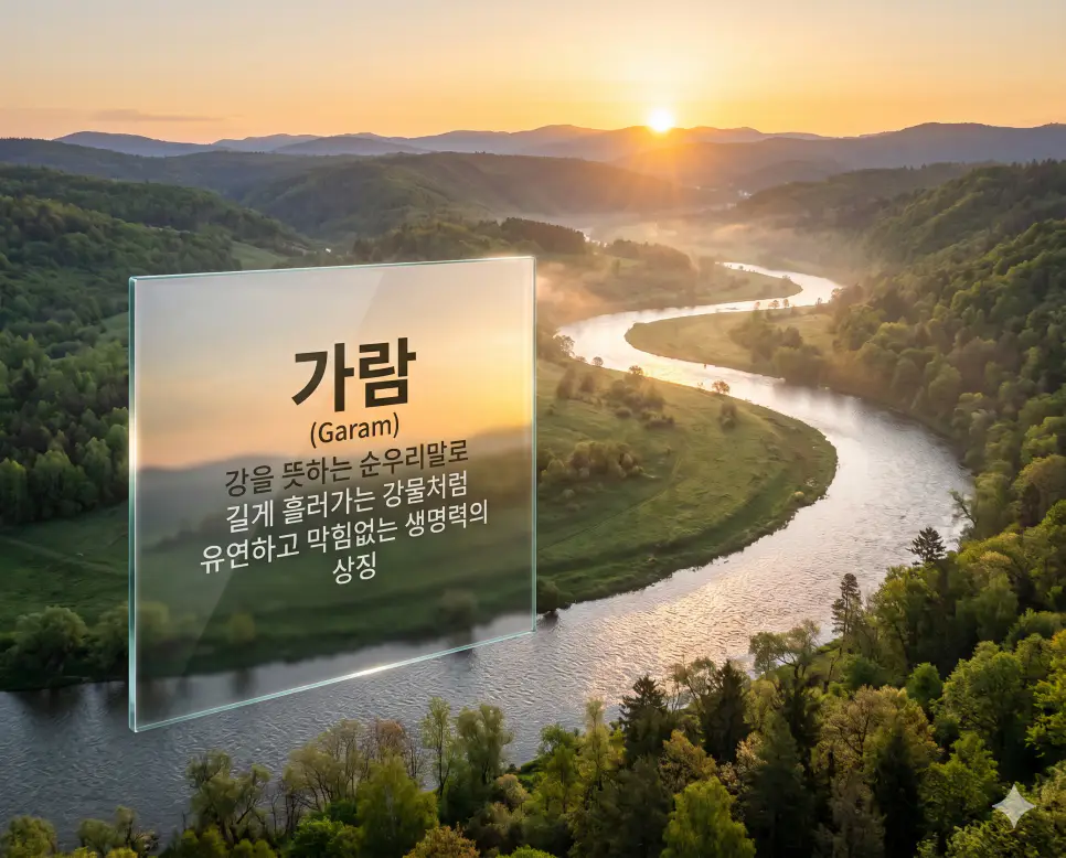 가람 뜻, 가시버시 뜻, 가온 뜻: 삶의 철학과 정겨움을 담은 순우리말 정리 1 가람(Garam)의 유연한 생명력을 시각화하기 위해 녹색 계곡 사이를 굽이쳐 흐르는 거대한 강물의 모습과 아침 햇살이 수면에 반사되는 서정적인 풍경을 담은 고해상도 이미지입니다. 멈추지 않고 나아가는 자연의 순리와 길게 이어지는 생명력의 상징을 실사처럼 생생하게 표현했습니다.