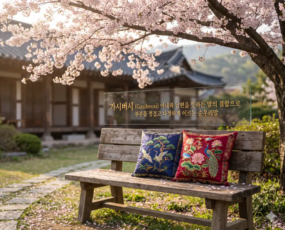 가람 뜻, 가시버시 뜻, 가온 뜻: 삶의 철학과 정겨움을 담은 순우리말 정리 2 가시버시(Gasibeosi)의 정겨운 부부애를 설명하기 위해 화사한 벚꽃 아래 나란히 놓인 전통 비단 방석과 따뜻한 나무 벤치를 시각화한 초정밀 실사 이미지입니다. 서로를 존중하며 화목하게 살아가는 한 쌍의 부부가 어우러진 평화로운 분위기를 감성적으로 담아냈습니다.