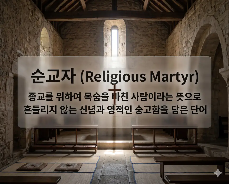 순교자(Religious Martyr)의 신념을 상세히 전달하기 위해 고즈넉한 돌 예배당 내부 창문으로 따스한 자연광 한 줄기가 쏟아져 내리며 제단 위의 소박한 나무 십자가를 밝히는 장엄한 풍경을 시각화한 자료입니다. 종교적 신념을 위해 목숨을 바친 성인들의 고귀함을 상징적으로 구현하였습니다.