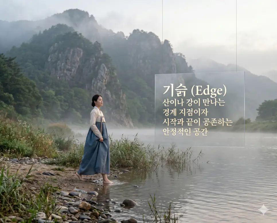 그믐 뜻, 기슭 뜻, 나들이 뜻: 마무리와 새로운 시작을 담은 아름다운 우리말 정리 2 기슭(Edge/Foot)의 경계적 가치를 설명하기 위해 산기슭과 강변이 만나는 몽환적인 안개 속 경계면을 따라 걷는 한국인 여성의 모습을 시각화한 초정밀 실사 이미지입니다. 자연의 시작과 끝이 만나는 지점에서 느껴지는 묘한 긴장감과 안정감을 한국적인 서정성과 함께 담아냈습니다.