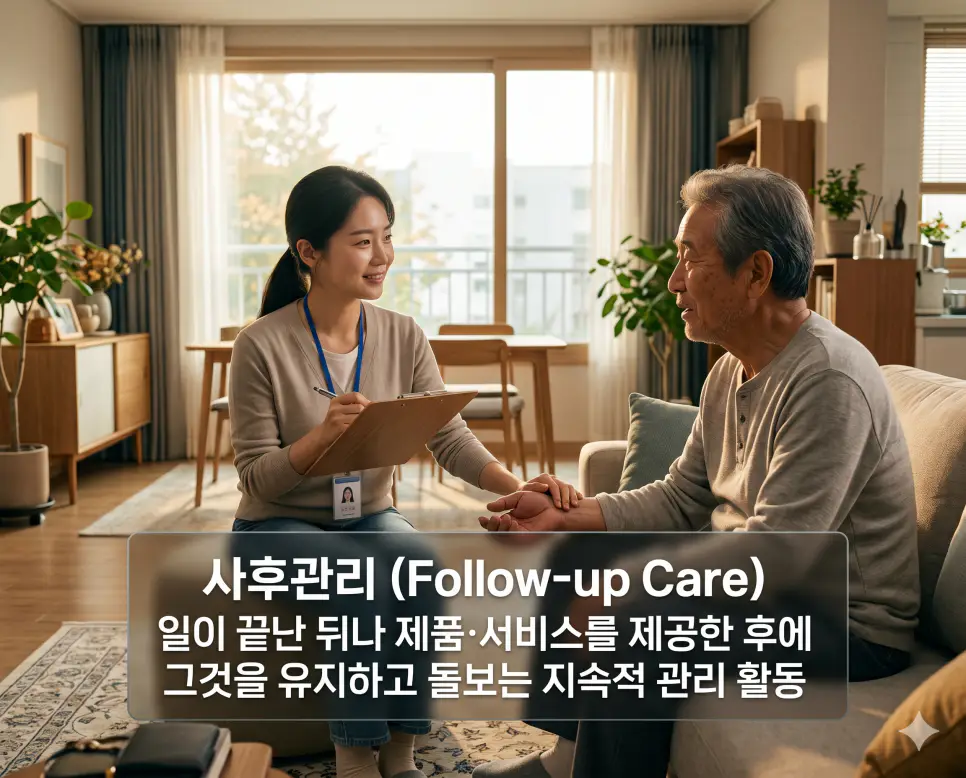 사후관리(Follow-up Care)의 행정적·복지학적 정의를 완벽하게 직관적으로 전달하기 위해, 아늑하고 정돈된 현대식 한국 가정집 거실에서 전문 한국인 사회복지사가 서류 바인더를 들고 이전에 지원을 받았던 고령의 어르신과 마주 앉아 밝은 표정으로 현재 신체 상태를 다시 점검하며 면담을 나누는 지속적 케어 모습을 촬영한 고해상도 실사 이미지입니다. 주요 서비스가 완료된 후에도 대상을 방치하지 않고 유지하고 돌보는 복지 사후 활동의 본질을 인물들의 구체적인 상황을 통해 1초 만에 인지할 수 있도록 생생하게 구현했습니다.