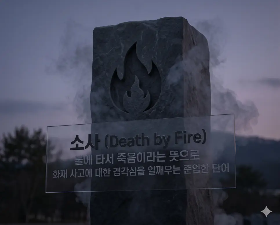 사체 뜻, 변사체 뜻, 소사 뜻: 법의학 및 사회 뉴스 속 정확한 한자어 정의 정리 3 소사(Death by Fire)의 준엄한 의미를 전달하기 위해 짙은 회색조의 미니멀한 비석에 불을 상징하는 문양이 정교하게 새겨져 있고 주변으로 은은한 추모의 연기가 피어오르는 모습을 시각화한 자료입니다. 불에 타서 사망함이라는 뜻을 은유적이고 깊이 있는 미장센으로 상징적으로 구현하였습니다.