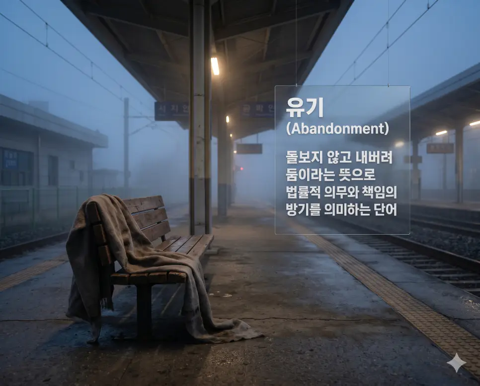 실족사 뜻, 아사 뜻, 유기 뜻: 사회적·법률적 한자어의 정확한 정의와 의미 정리 3 유기(Abandonment)의 법률적·사회적 의미를 상세히 전달하기 위해 안개가 자욱한 해 질 녘의 한적한 기차역 승강장 벤치 위에 낡은 담요가 홀로 남겨진 풍경을 시각화한 자료입니다. 내버려 두고 돌보지 않는 방치와 책임의 방기 상태를 쓸쓸하면서도 세련된 한국적 정서로 상징적으로 구현하였습니다.