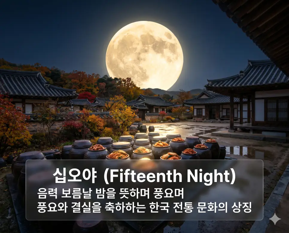 십오야 뜻, 여우비 뜻, 가랑비 뜻: 한국의 정서와 자연을 담은 예쁜 우리말 정리 1 십오야(十五夜)의 풍성한 정서를 시각화하기 위해 한국 전통 한옥 마을 위로 차오른 밝고 둥근 보름달과 은은한 달빛이 내리앉은 장독대 풍경을 담은 고해상도 이미지입니다. 일 년 중 가장 밝은 달을 보며 풍요를 기원하는 한국 전통 문화의 아름다움을 생생하게 표현했습니다.