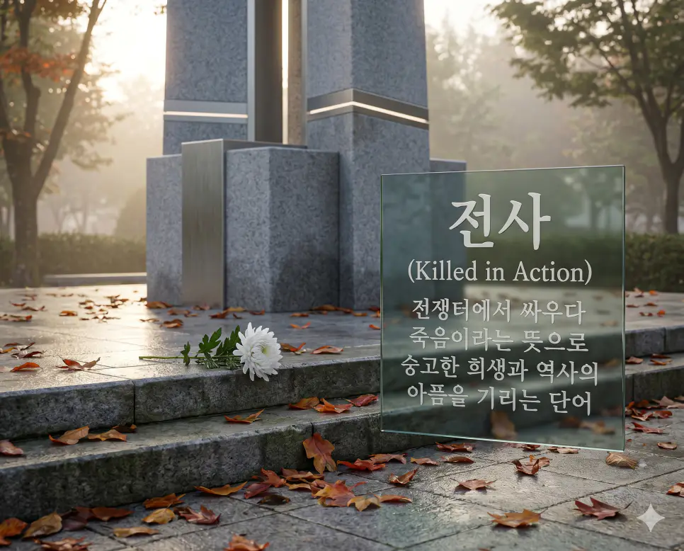 고사 뜻, 전사 뜻, 객사 뜻: 한자어로 살펴보는 정확한 어원과 사회적 의미 정리 2 전사(Killed in Action)의 숭고함과 격조 있는 추모의 뜻을 설명하기 위해 새벽 안개가 내려앉은 고즈넉한 한국의 충혼탑 비석 계단 위에 빗물에 젖은 낙엽과 한 송이의 하얀 국화꽃이 놓여 있는 모습을 시각화한 초정밀 실사 이미지입니다. 조국을 위해 싸우다 희생된 이들을 기리는 엄숙한 분위기를 감성적으로 담아냈습니다.