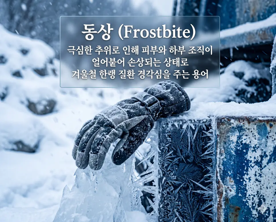 동상(Frostbite)의 의학적 현상을 직관적으로 설명하기 위해, 극심한 한파와 눈보라가 몰아치는 겨울철 야외 환경 속에서 날카로운 얼음 기둥 위에 남겨진 두껍게 얼어붙은 방한 장갑과 그 주변 금속 표면을 빽빽하게 뒤덮은 짙은 푸른색 서리 및 얼음 결정들을 근접 촬영한 초정밀 실사 이미지입니다. 추위로 인해 피부와 조직이 얼어 손상되는 한랭 질환의 본질을 한눈에 이해할 수 있도록 생생하게 구현했습니다.