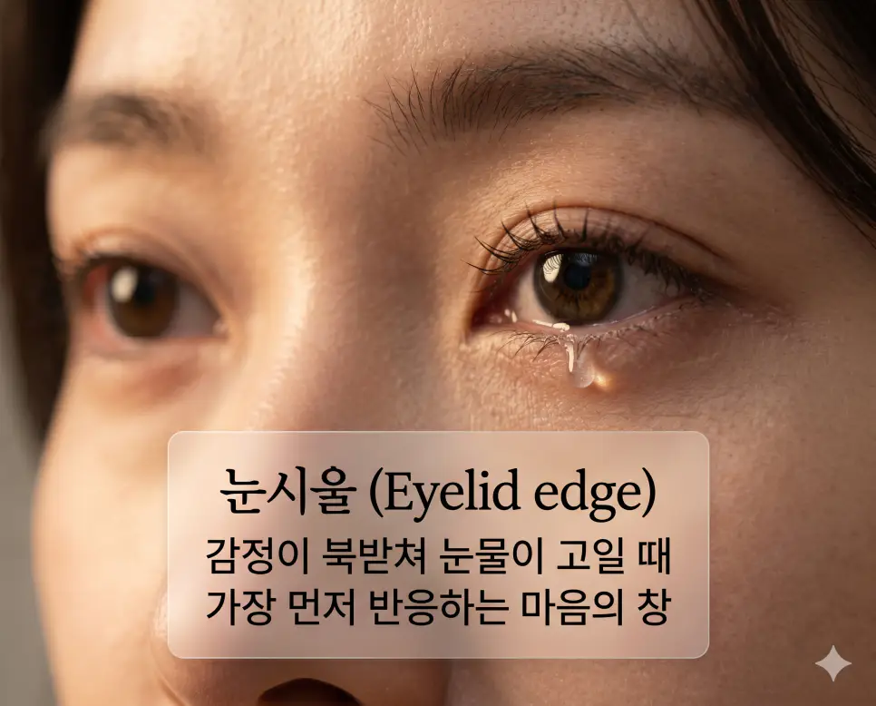 눈시울 뜻, 다소니 뜻, 다솜 뜻: 마음의 울림과 사랑의 본질을 담은 우리말 정리 1 눈시울(Eyelid edge)의 감성적 울림을 시각화하기 위해 감정이 북받쳐 눈물이 고인 한국인 여성의 눈매를 클로즈업한 고해상도 이미지입니다. 슬픔이나 기쁨 같은 마음의 흔들림이 가장 먼저 드러나는 신체 부위의 서정적인 변화를 실사처럼 생생하게 표현했습니다.