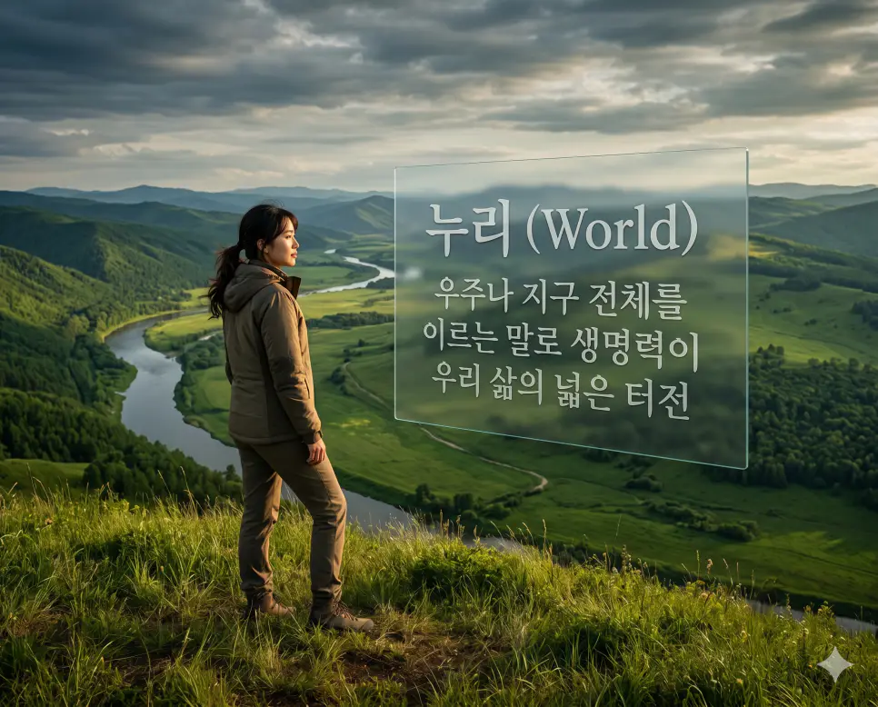 노을 뜻, 누리 뜻, 눈망울 뜻: 자연의 경이로움과 순수한 정서를 담은 우리말 정리 2 누리(World)의 광활한 의미를 설명하기 위해 탁 트인 산 정상에서 생명력이 가득한 온 세상을 내려다보는 한국인 여성의 모습을 시각화한 초정밀 실사 이미지입니다. 우리가 살아가는 터전이자 우주 전체를 아우르는 넓고 깊은 세상의 가치를 감성적으로 담아냈습니다.